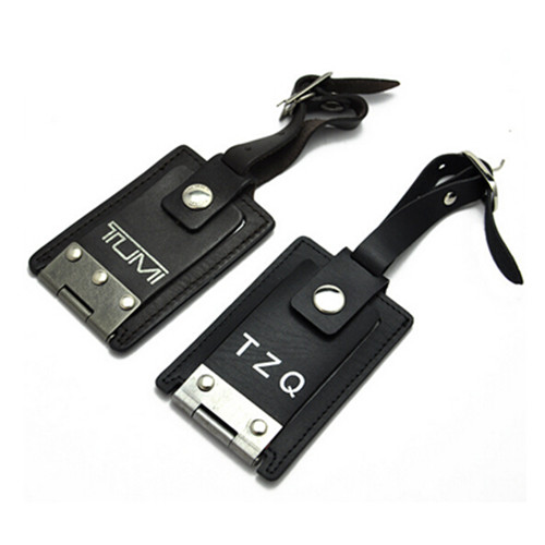 High quality black pu luggage tag with metal part
