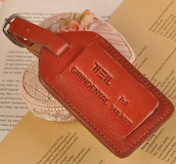 Brown color genuine leather customized emboss logo luggage tag