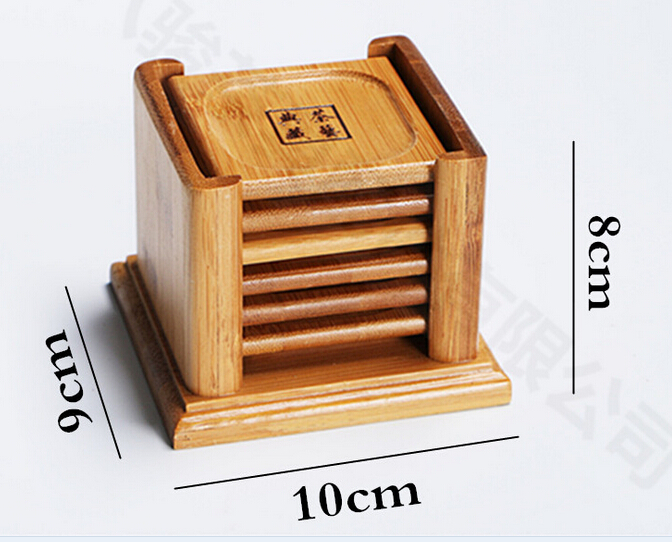 Promotional square shape bamboo material coaster set with holder