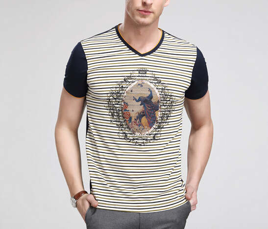 Customized printing logo black stripe cotton round neck shirt