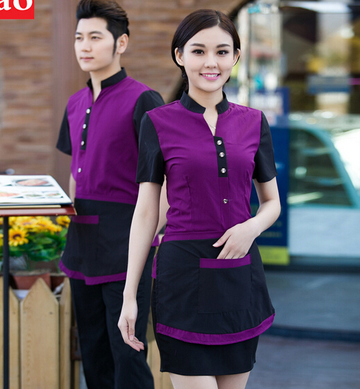 Purple color waiter or waitress uniform, waitress suit for hotel