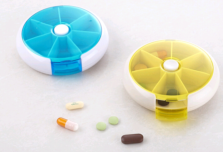 Promotional round shape 6 compartment capsule case plastic pill box
