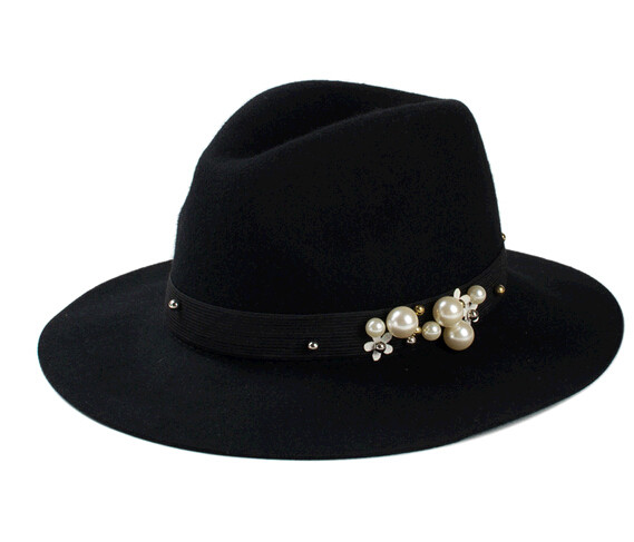 Wholesale black color wool felt bowler cap and hat with bead