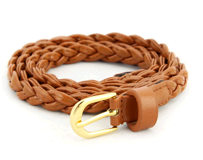 Fashional woman brown color pu braided belt with pin buckle