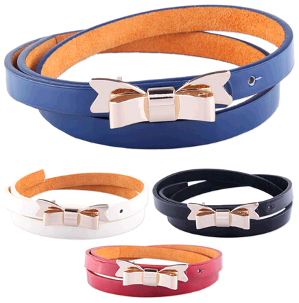 Wholesale blue color genuine cow leather thin woman belts with bowknot metal buckle