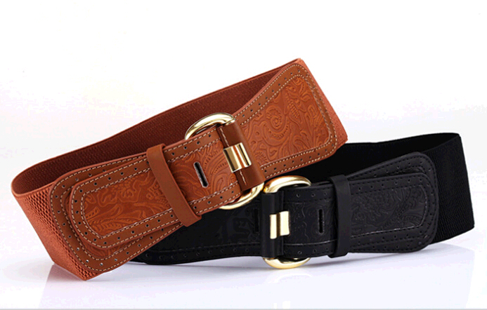 Wholesale elastic wide belts with carve flower on leather