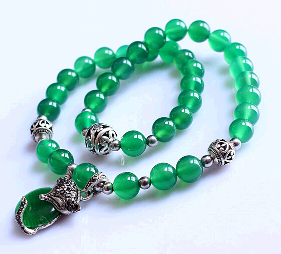 Wholesale fashional two circle green agate bracelet with eye cate pendant