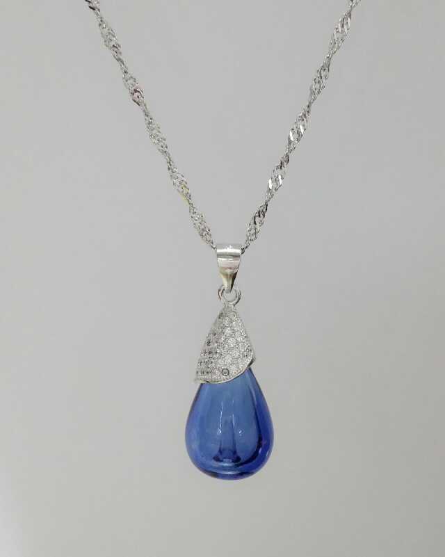 Wholesale blue color water drop shape essencial oil bottle 925 silver necklace