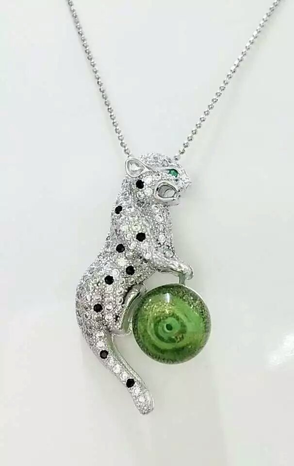 Wholesale leopard pendant essencial oil green bottle 925 silver necklace