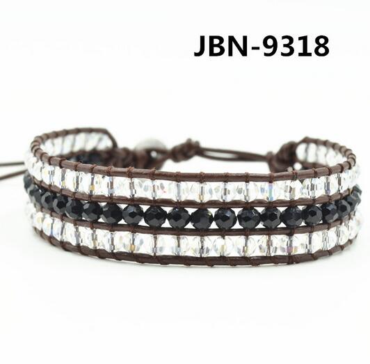 Wholesale black and white crystal bead carnelian leather wrap bracelet