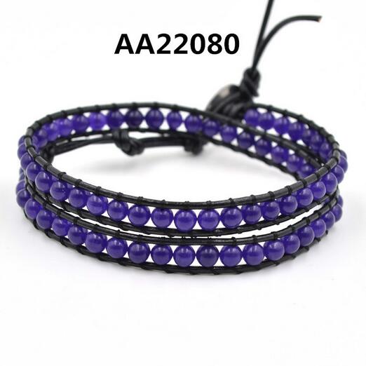 Wholesale blue color stone leather wrap bracelet