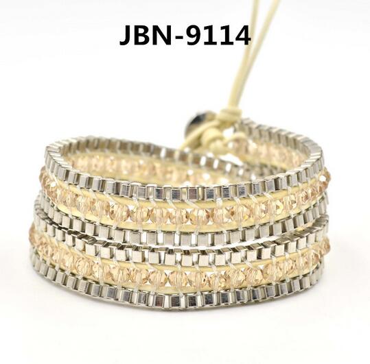 Wholesale beige color crystal and silver wrap leather bracelet