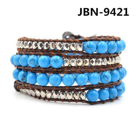 Wholesale blue turquoise and plating grey color crystal 3 wrap leather bracelet