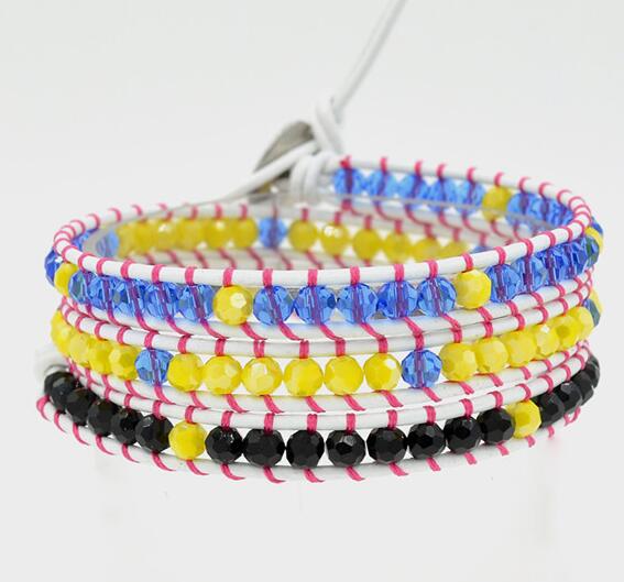 Wholesale black and blue and yellow color crystal 3 wrap leather bracelet