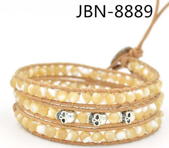 Wholesale beige  stone and skeleton 3 wrap leather bracelet