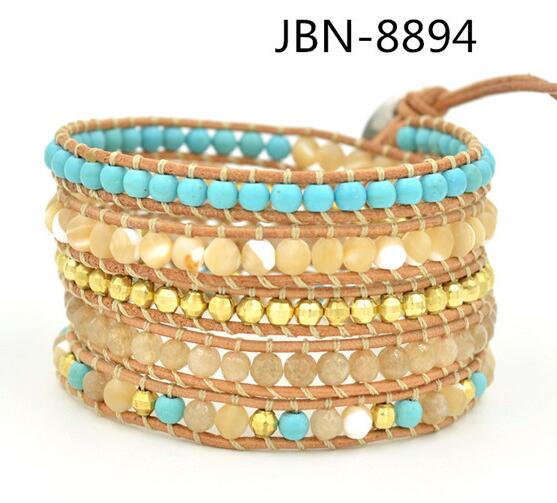 Wholesale blue turquoise and plating gold crystal 5 wrap leather bracelet