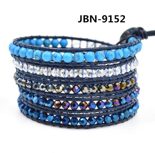 Wholesale blue turquoise and blue crystal 5 wrap leather bracelet