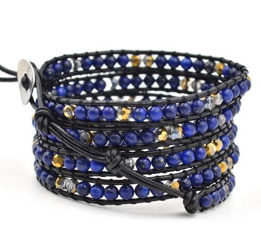 Wholesale blue stone 5 wrap leather bracelet