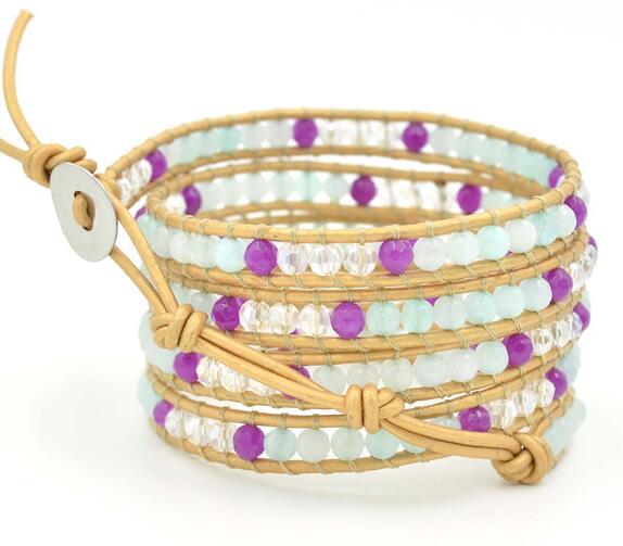 Wholesale white crystal and purple crystal  5 wrap leather bracelet on beige leather