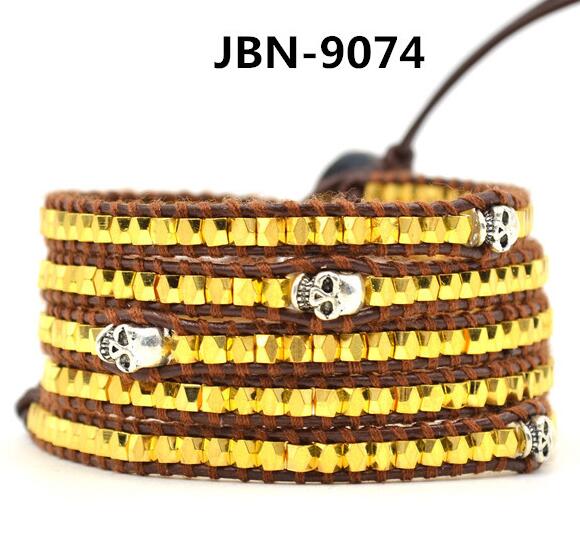 Wholesale plating gold color crystal 5 wrap leather bracelet on brown leather