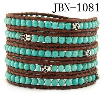 Wholesale blue turquoise 5 wrap leather bracelet on brown leather