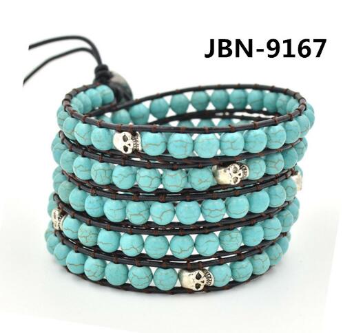 Wholesale blue turquoise 5 wrap leather bracelet on black leather rope