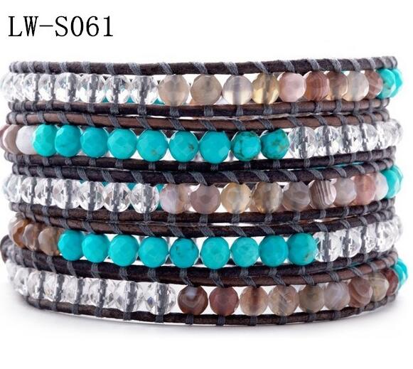 Wholesale blue turquoise  5 wrap leather bracelet