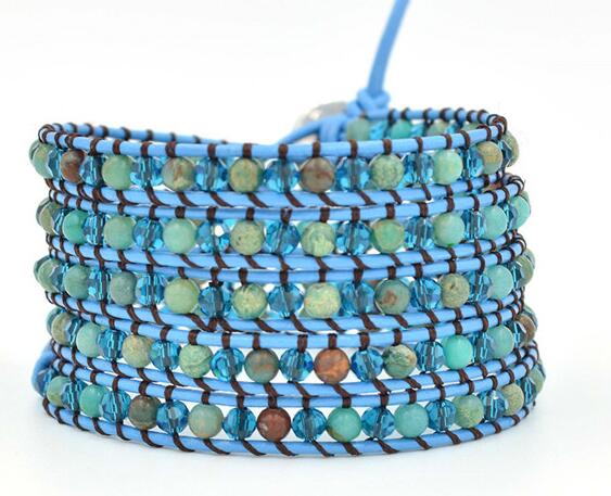 Wholesale blue color stone  5 wrap leather bracelet