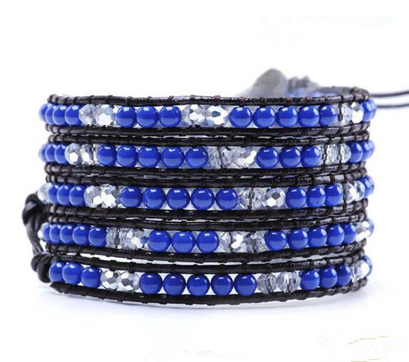 Wholesale blue color crystal  5 wrap leather bracelet