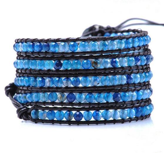 Wholesale blue color crystal  5 wrap leather bracelet 