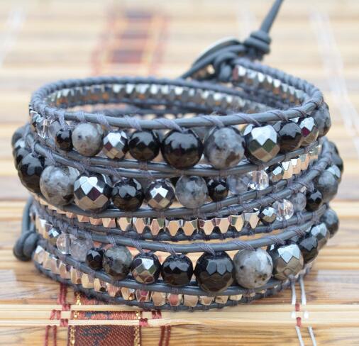 Wholesale black and grey stone  5 wrap leather bracelet on grey leather
