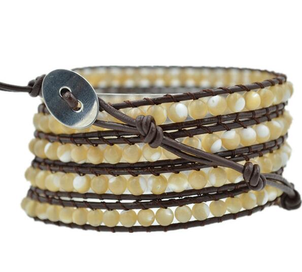 Wholesale beige color stone  5 wrap leather bracelet on brown leather