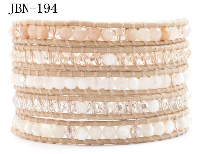 Wholesale beige and white color crytal and carnelian 5 wrap leather bracelet