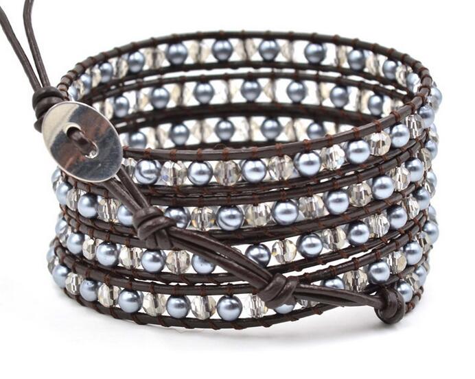 Wholesale plating grey pearl 5 wrap leather bracelet