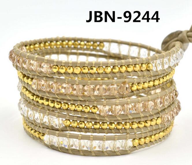Wholesale plating gold color crystal and white crystal 5 wrap leather bracelet/