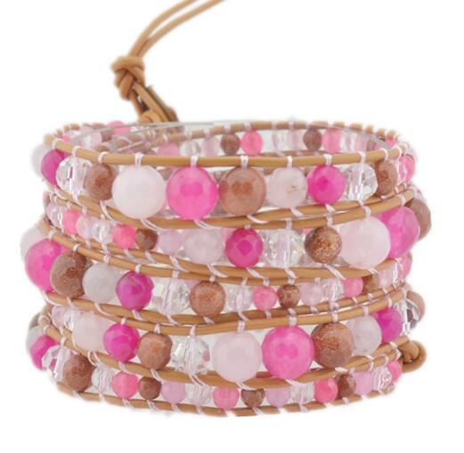 Wholesale pink color crystal 5 wrap leather bracelet 