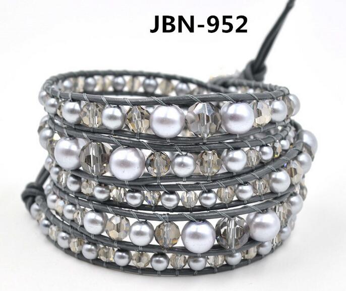 Wholesale pearl and crystal 5 wrap leather bracelet