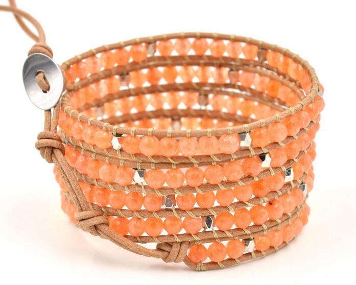 Wholesale orange color carnelian 5 wrap leather bracelet