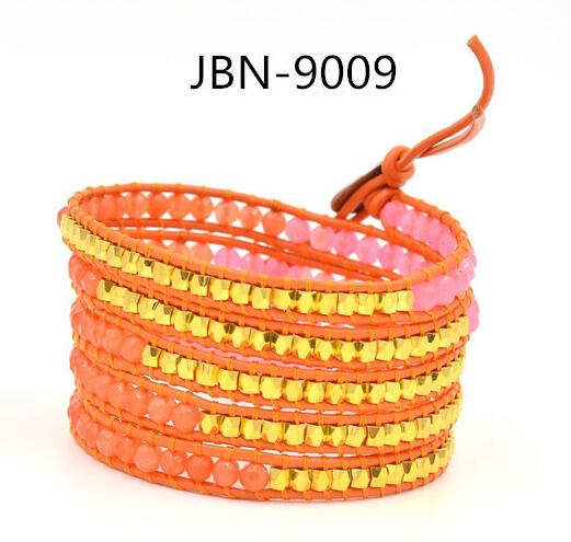 Wholesale orange color and gold color crystal 5 wrap leather bracelet