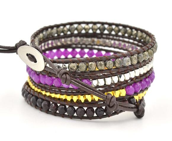 Wholesale grey color and purple color 5 wrap leather bracelet