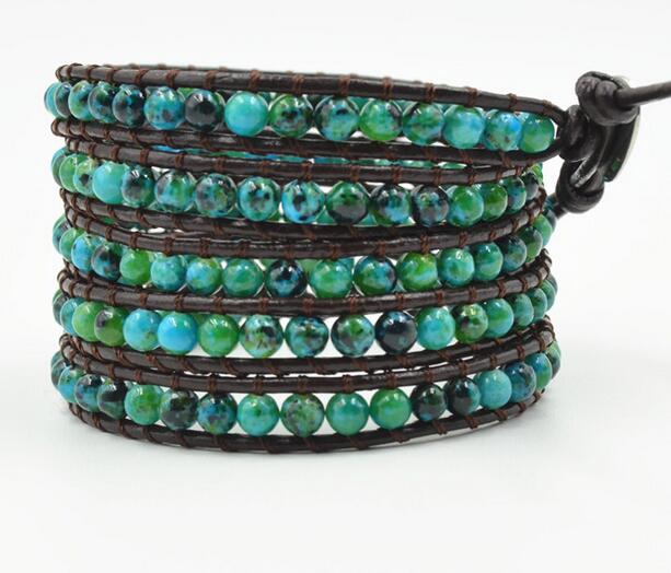 Wholesale green turquoise 5 wrap leather bracelet