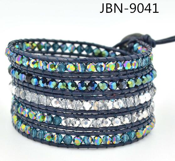 Wholesale green color crystal 5 wrap leather bracelet