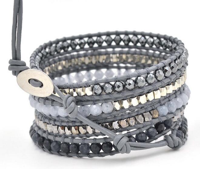Wholesale black color stone and grey stone 5 wrap leather bracelet
