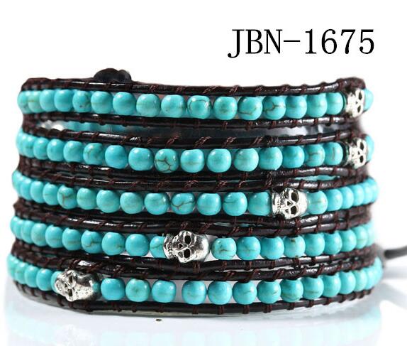 Wholesale blue turquoise 5 wrap leather bracelet