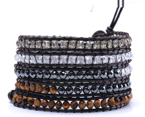 Wholesale whtie color and black color carnelian 5 wrap leather bracelet