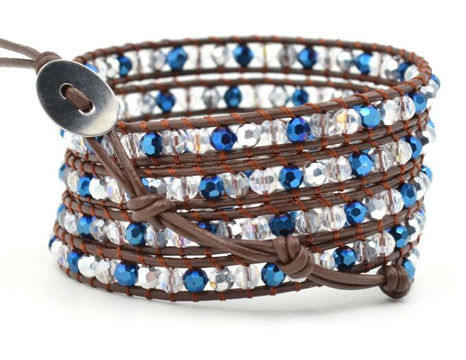 Wholesale white and blue crystal 5 wrap leather bracelet