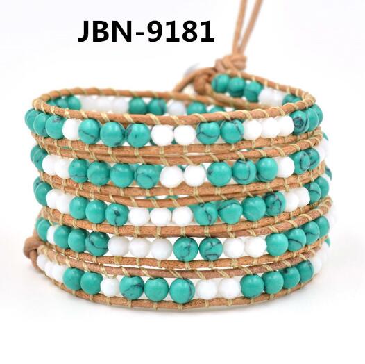 Wholesale blue turquoise and white color stone 5 wrap leather bracelet