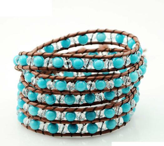 Wholesale blue turquoise and whiet color crystal 5 wrap leather bracelet