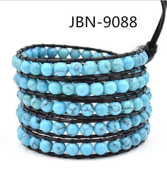 Wholesale blue turquoise 5 wrap leather bracelet on black leather