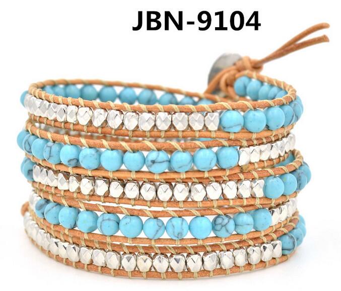 Wholesale blue turquoise 5 wrap leather bracelet 